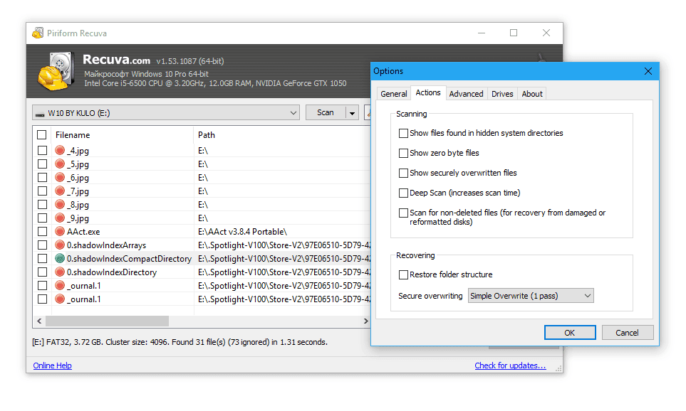 Recuva - sd card recovery app for Windows 10