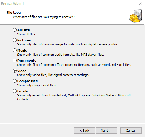 Recuva video file types to recover