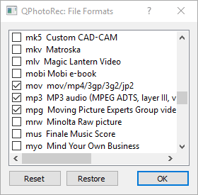 File formats to recover corrupted files using PhotoRec