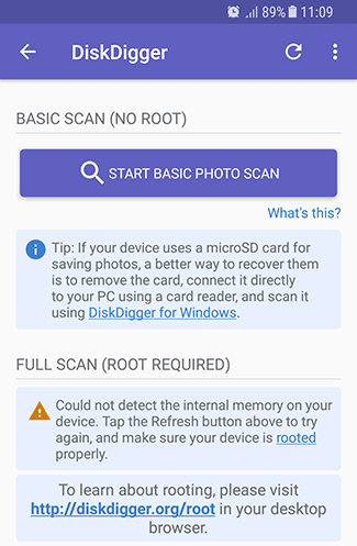Full and basic scan modes in Diskdigger app