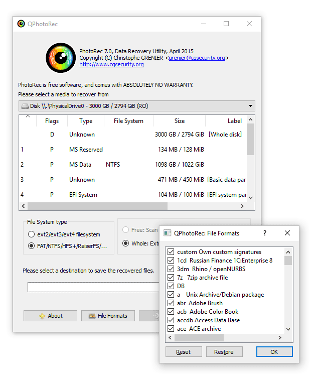 PhotoRec for Windows: GUI interface